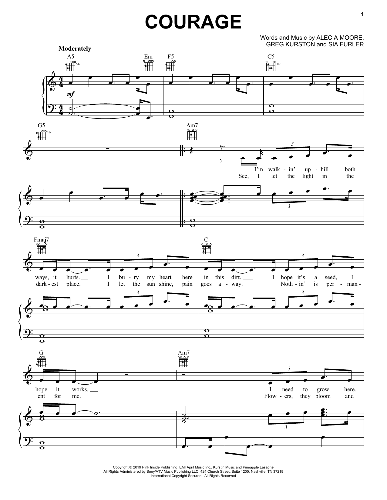Pink Courage Sheet Music Notes & Chords for Piano, Vocal & Guitar (Right-Hand Melody) - Download or Print PDF