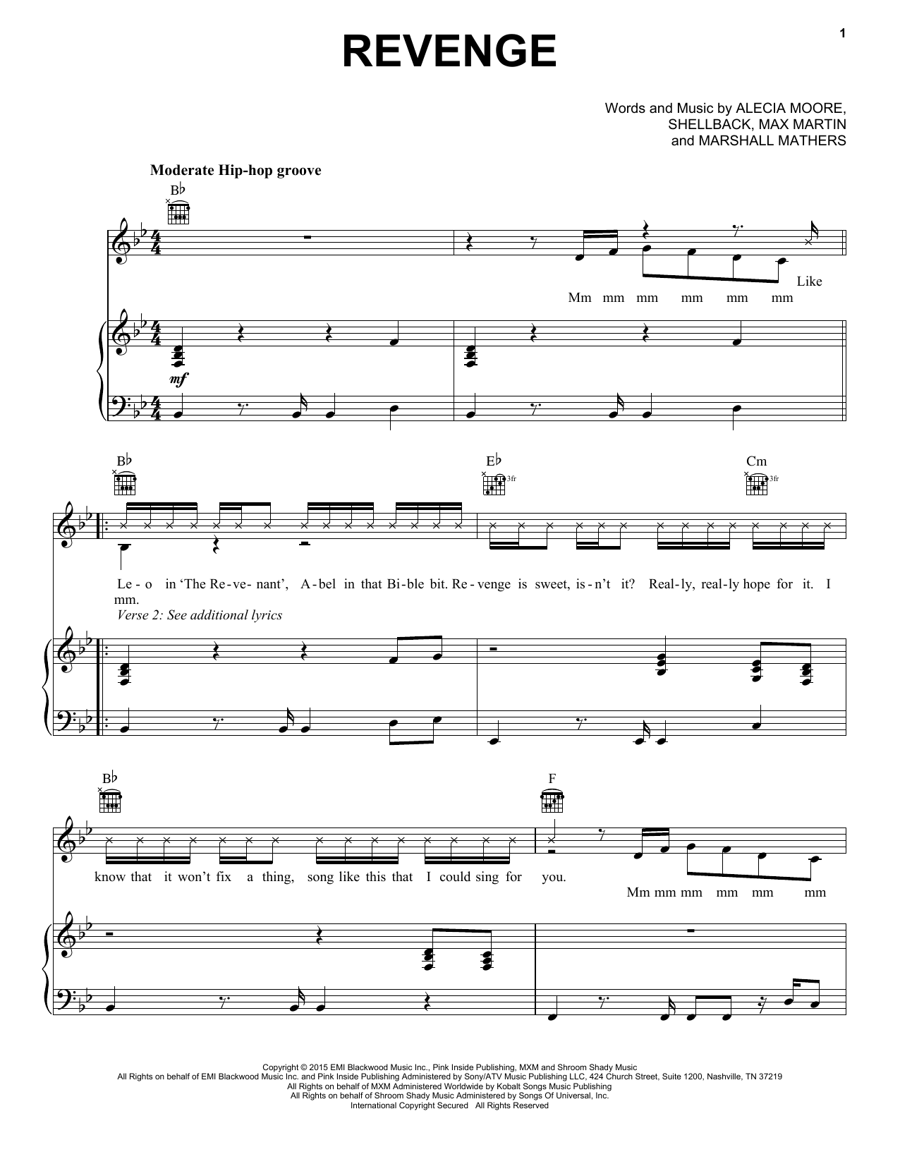 Pink feat. Eminem Revenge Sheet Music Notes & Chords for Piano, Vocal & Guitar (Right-Hand Melody) - Download or Print PDF