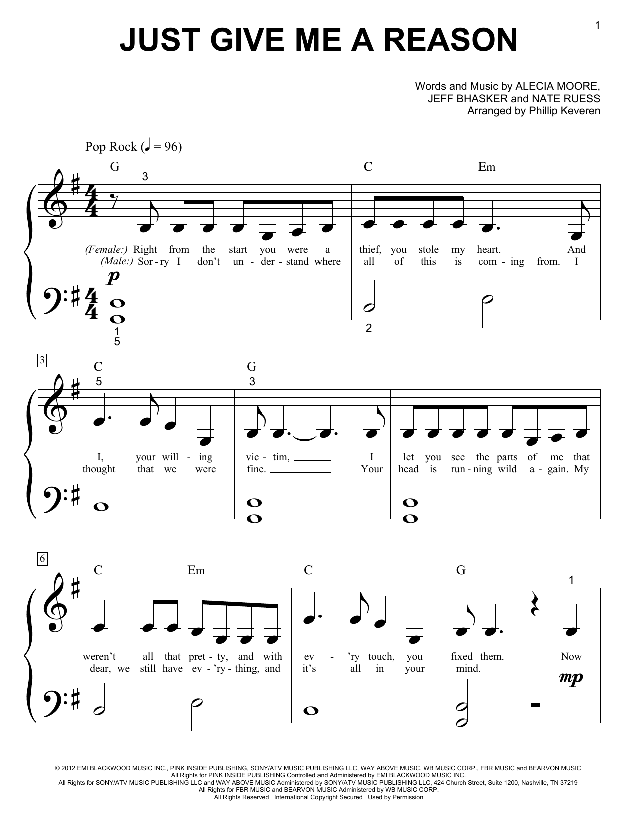 Pink Just Give Me A Reason (feat. Nate Ruess) Sheet Music Notes & Chords for Piano (Big Notes) - Download or Print PDF