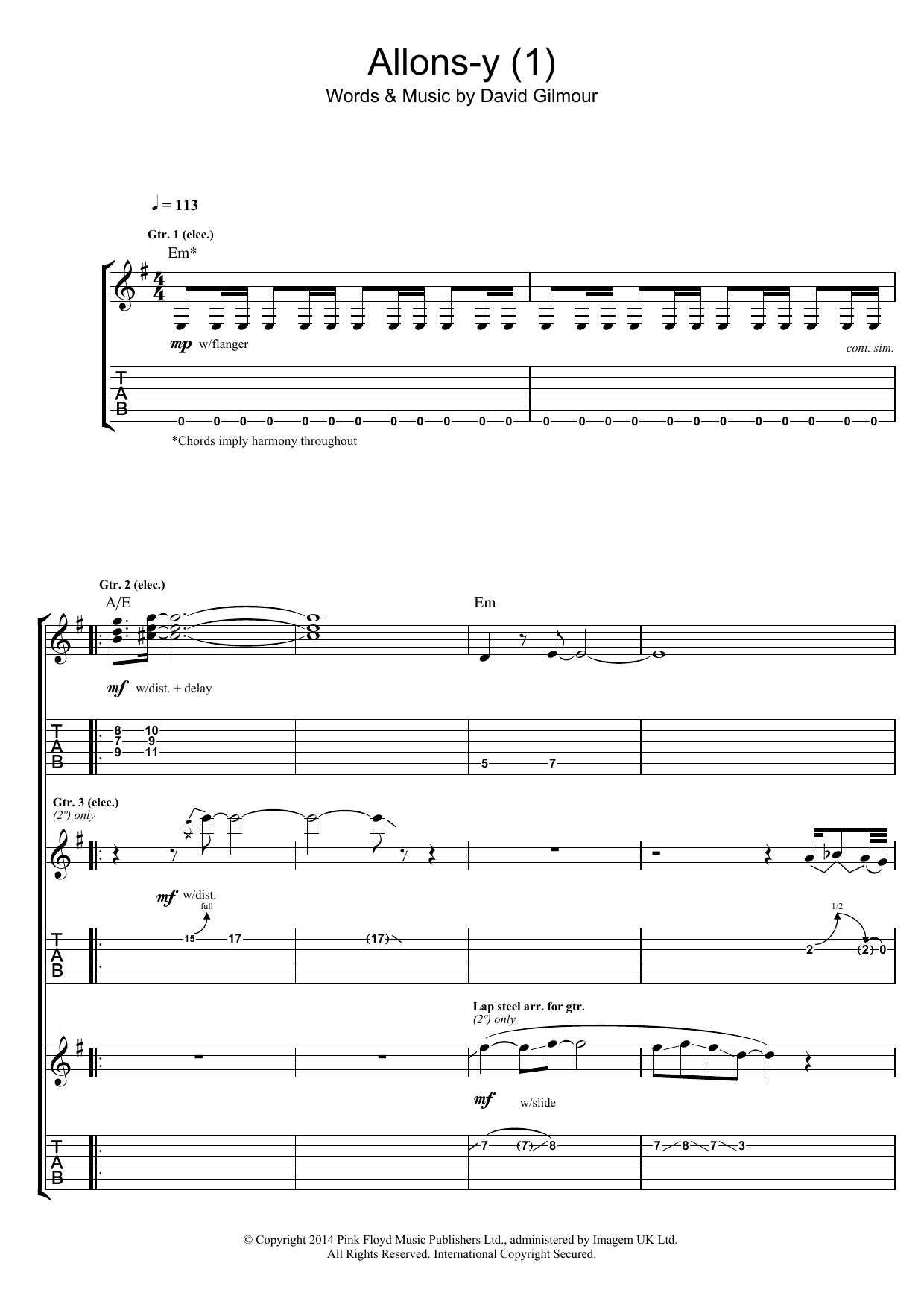 Pink Floyd Allons Y (Part 1) Sheet Music Notes & Chords for Guitar Tab - Download or Print PDF
