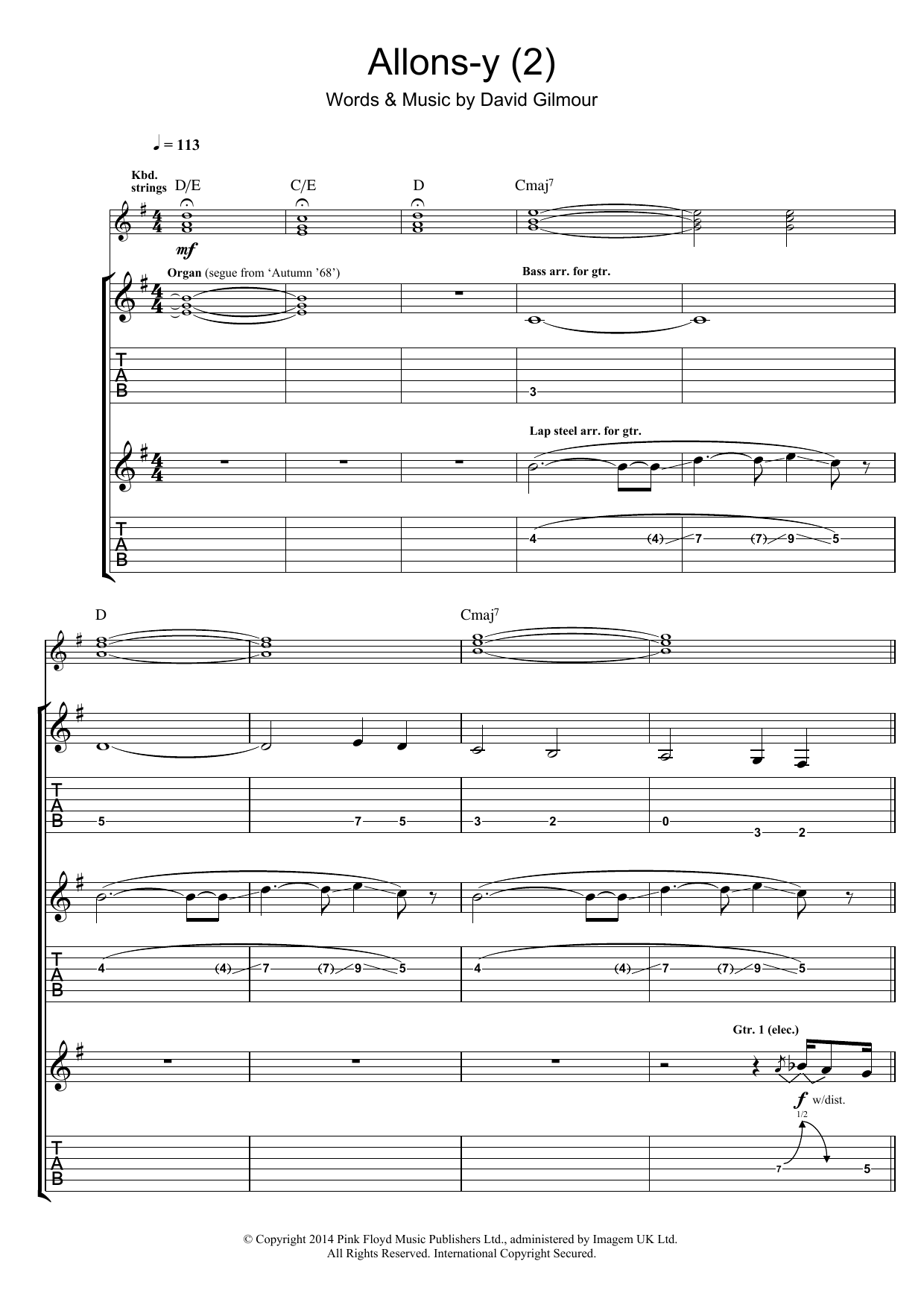Pink Floyd Allons Y (Part 2) Sheet Music Notes & Chords for Guitar Tab - Download or Print PDF