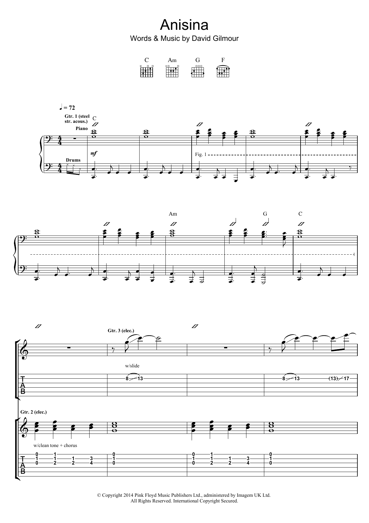 Pink Floyd Anisina Sheet Music Notes & Chords for Guitar Tab - Download or Print PDF