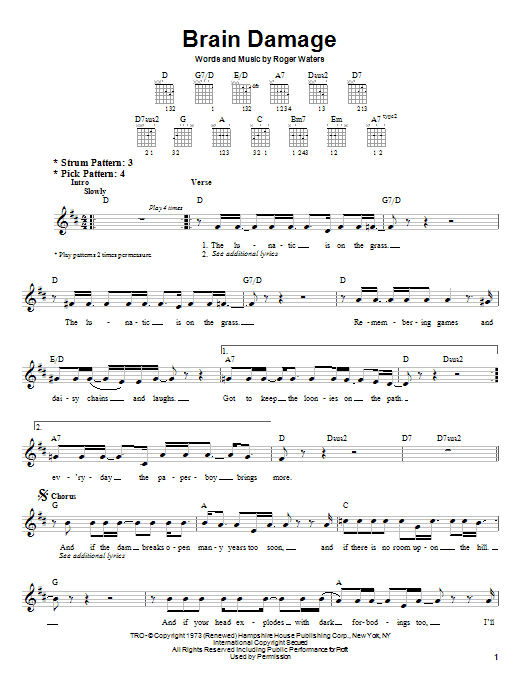 Pink Floyd Brain Damage Sheet Music Notes & Chords for Piano, Vocal & Guitar (Right-Hand Melody) - Download or Print PDF