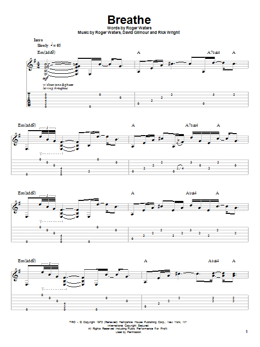 Pink Floyd Breathe Sheet Music Notes & Chords for Guitar Tab Play-Along - Download or Print PDF