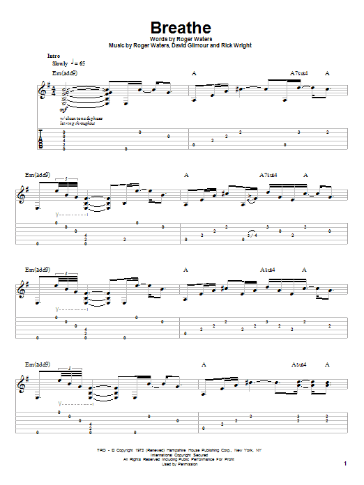 Pink Floyd Breathe sheet music notes and chords. Download Printable PDF.