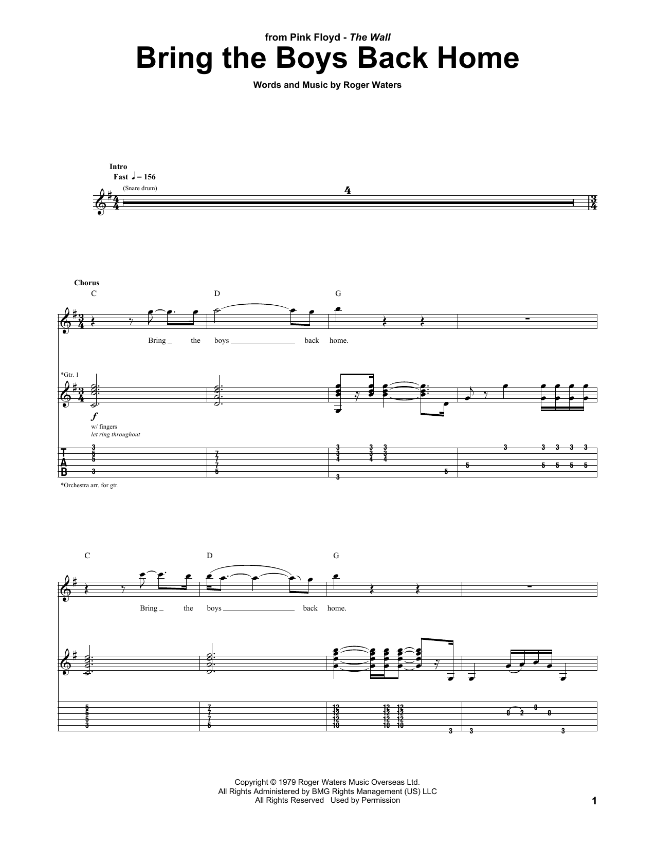 Pink Floyd Bring The Boys Back Home Sheet Music Notes & Chords for Guitar Tab - Download or Print PDF