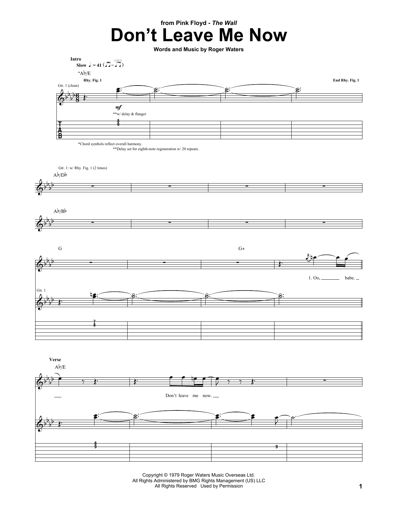 Pink Floyd Don't Leave Me Now Sheet Music Notes & Chords for Guitar Tab - Download or Print PDF
