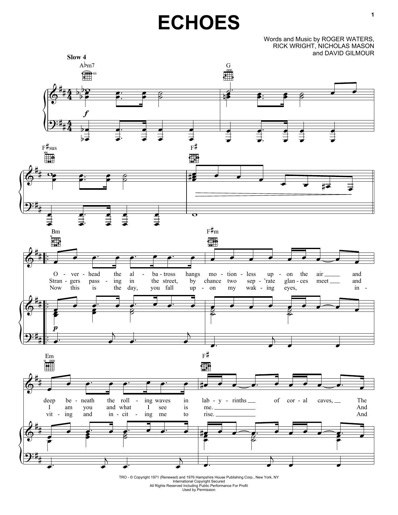 Pink Floyd Echoes Sheet Music Notes & Chords for Piano, Vocal & Guitar (Right-Hand Melody) - Download or Print PDF
