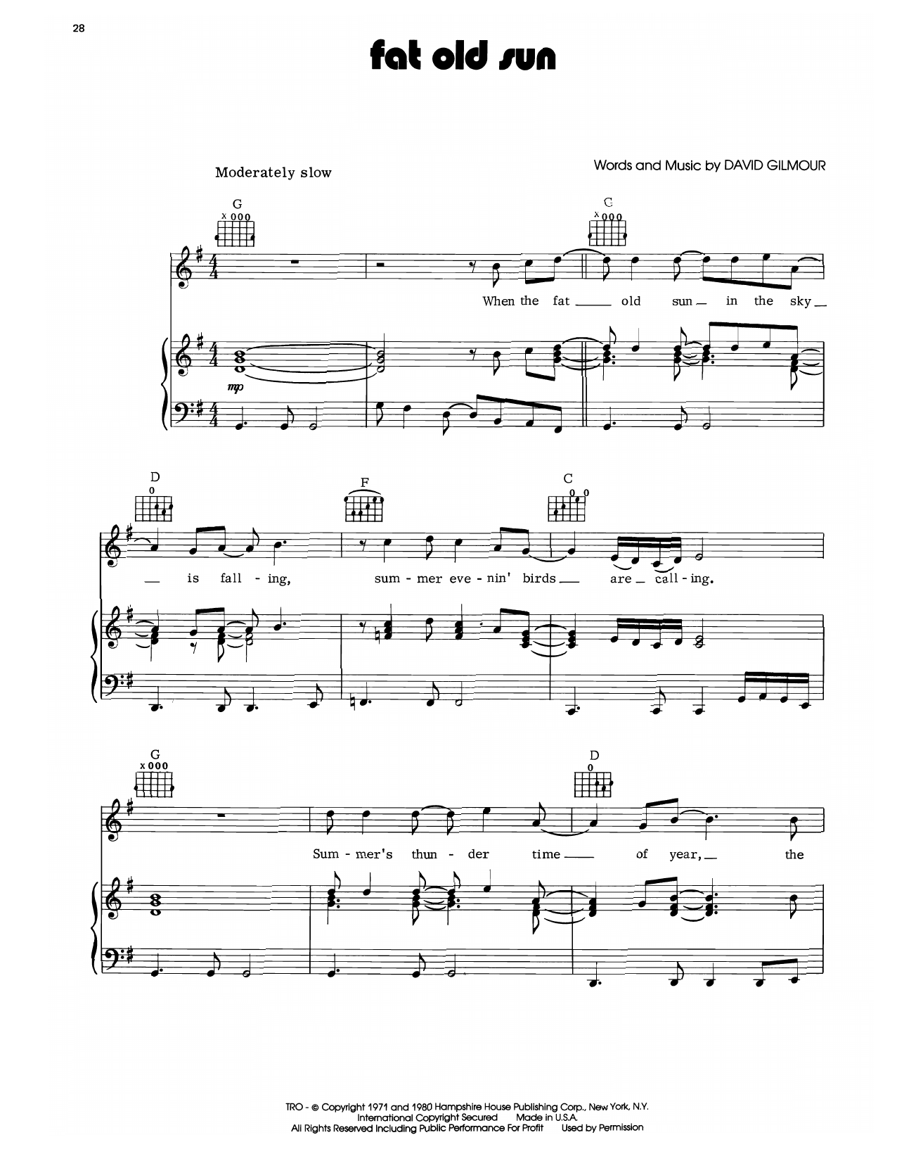 Pink Floyd Fat Old Sun Sheet Music Notes & Chords for Piano, Vocal & Guitar Chords (Right-Hand Melody) - Download or Print PDF Pink Floyd Fat Old Sun Sheet Music Notes & Chords for Piano, Vocal & Guitar Chords (Right-Hand Melody) - Download or Print PDF