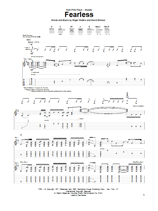 Pink Floyd Fearless Sheet Music Notes & Chords for Lyrics & Chords - Download or Print PDF