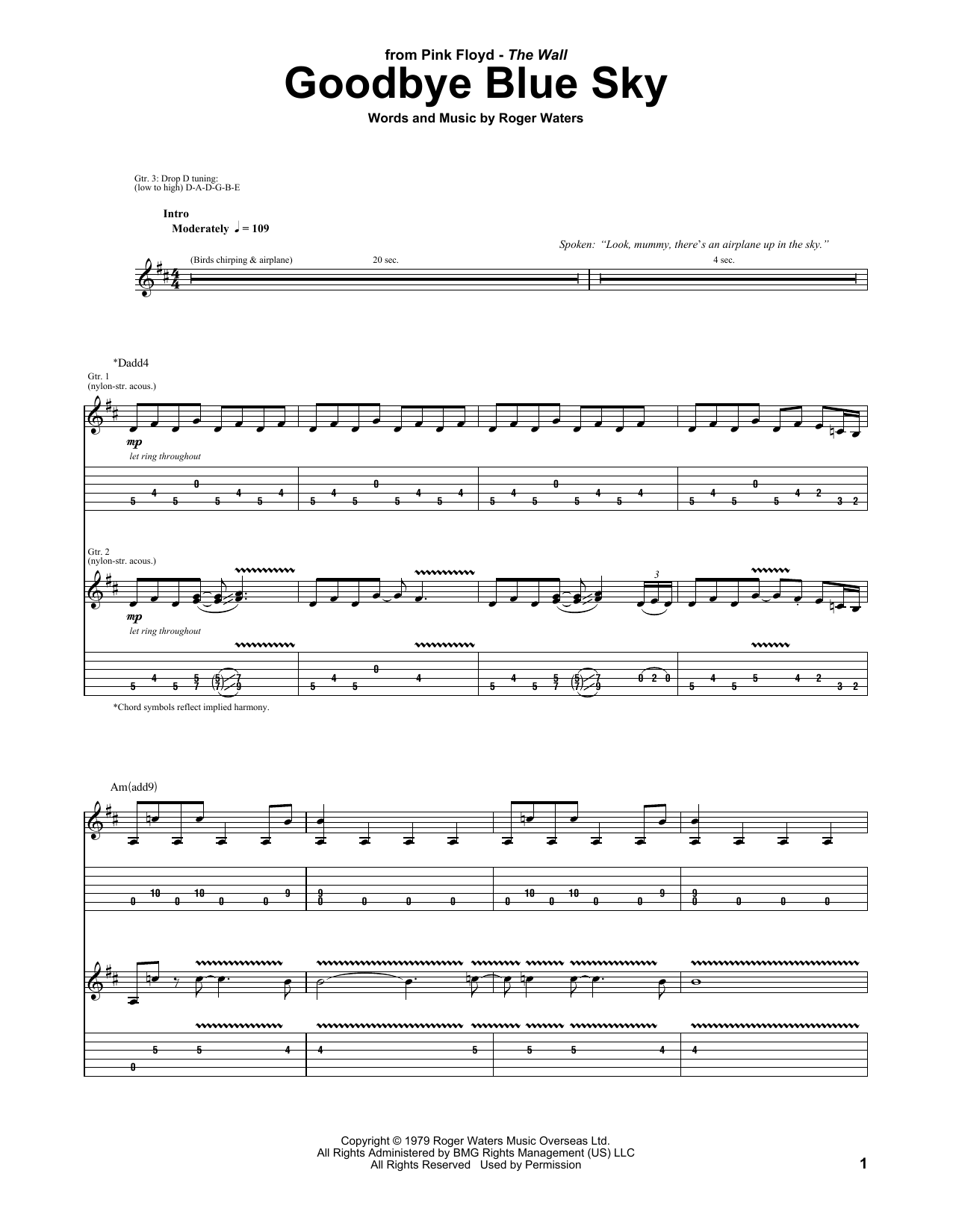 Pink Floyd Goodbye Blue Sky Sheet Music Notes & Chords for Lyrics & Chords - Download or Print PDF