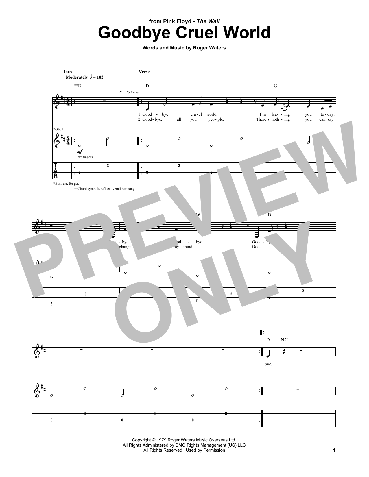 Pink Floyd Goodbye Cruel World Sheet Music Notes & Chords for Guitar Tab - Download or Print PDF