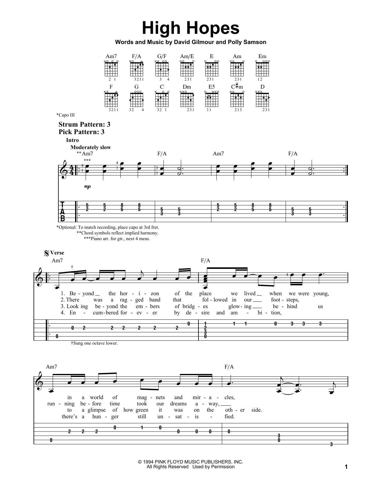 Pink Floyd High Hopes Sheet Music Notes & Chords for Easy Guitar Tab - Download or Print PDF