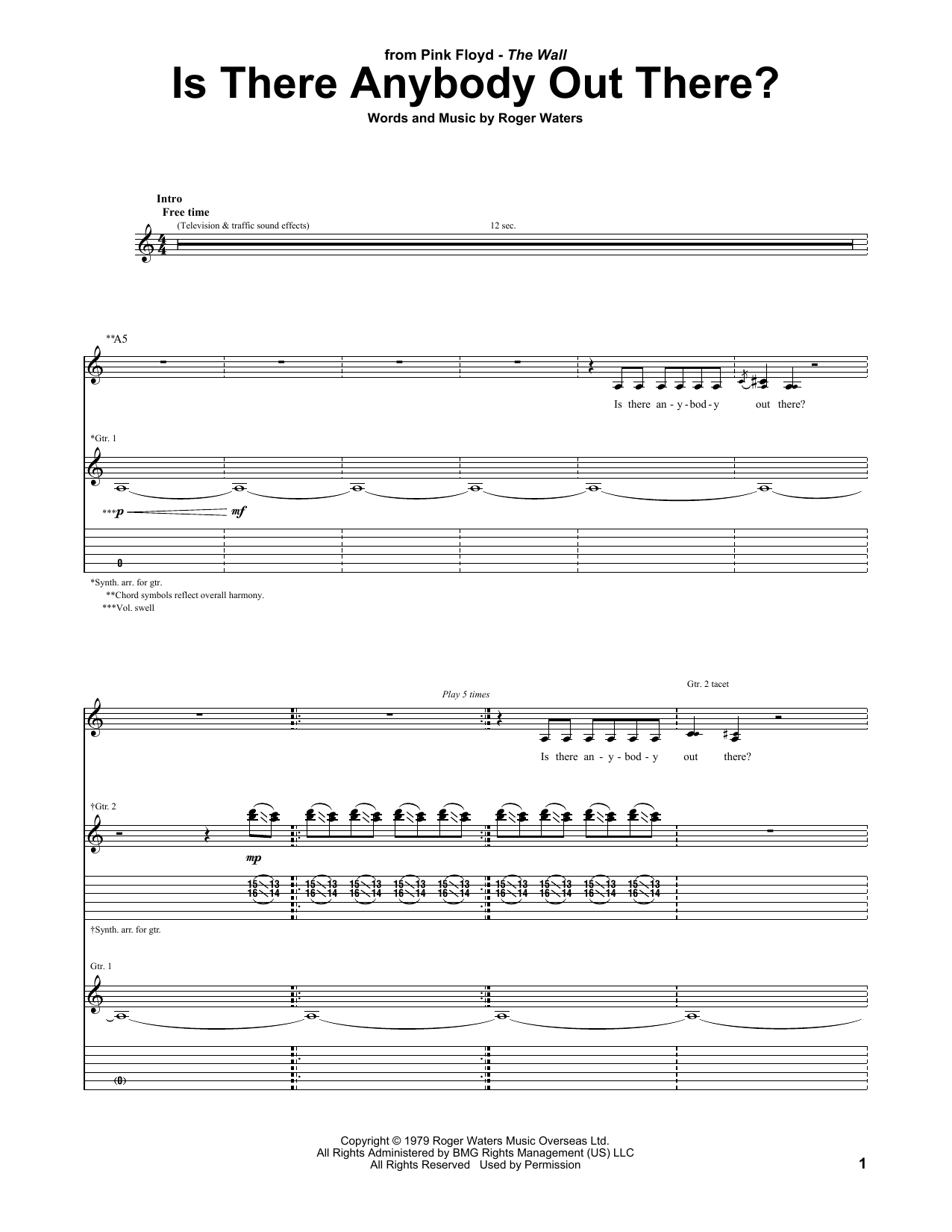 Pink Floyd Is There Anybody Out There? Sheet Music Notes & Chords for Solo Guitar Tab - Download or Print PDF