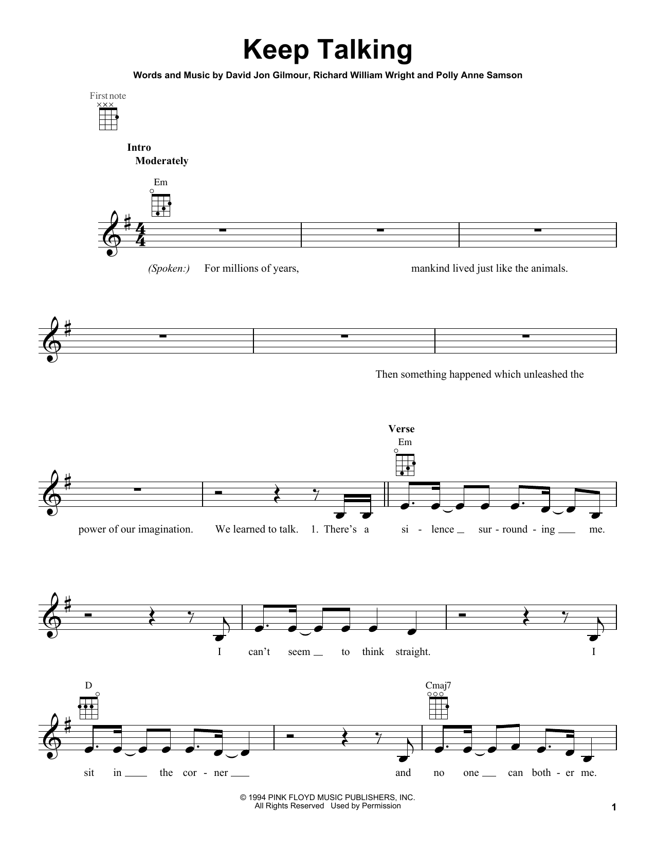 Pink Floyd Keep Talking Sheet Music Notes & Chords for Ukulele - Download or Print PDF