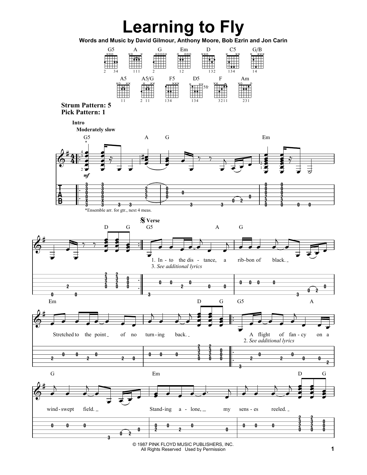 Pink Floyd Learning To Fly Sheet Music Notes & Chords for Guitar Tab - Download or Print PDF