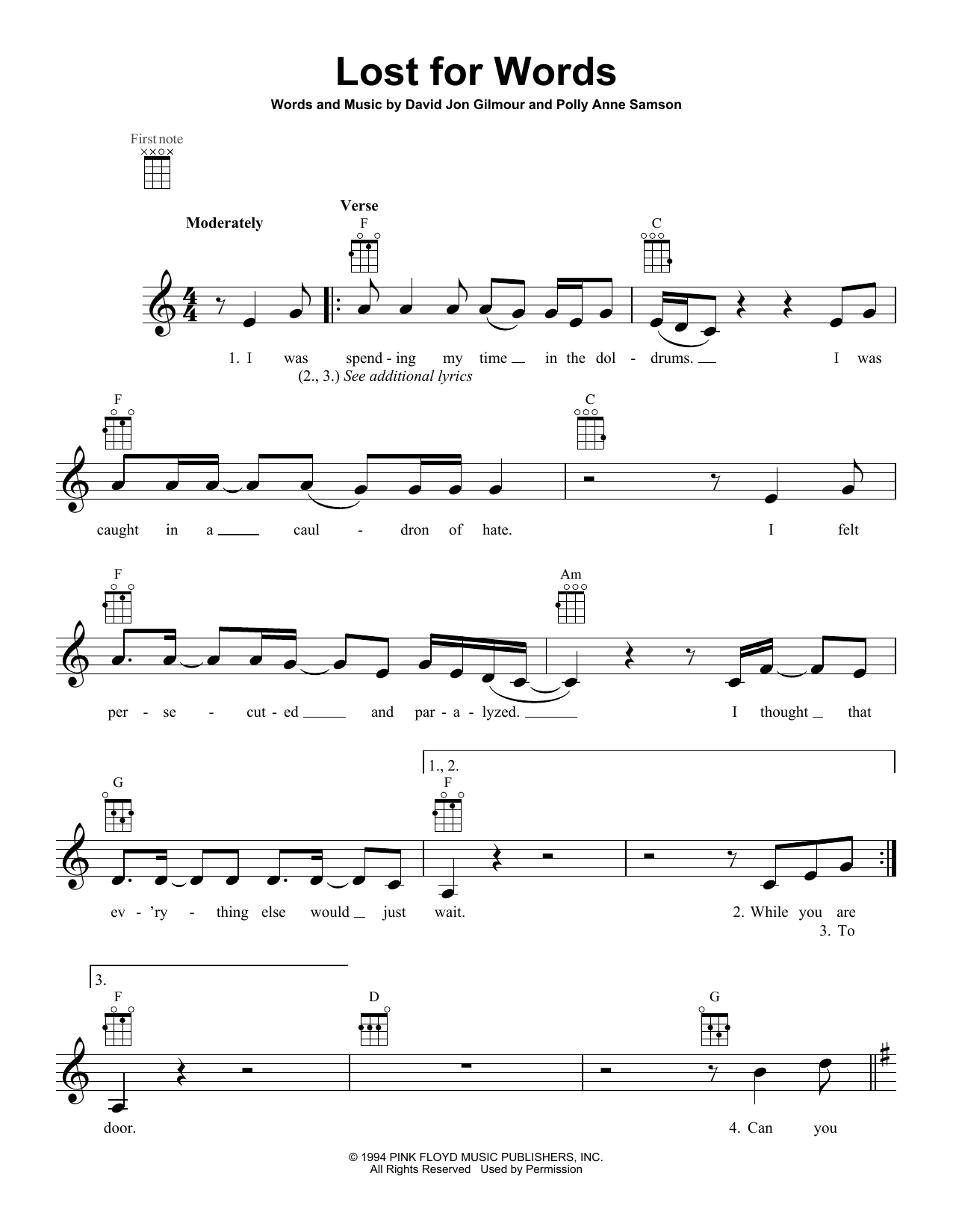 Pink Floyd Lost For Words Sheet Music Notes & Chords for Ukulele - Download or Print PDF