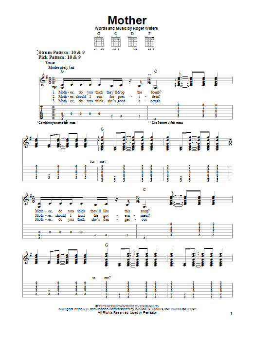 Pink Floyd Mother Sheet Music Notes & Chords for Lyrics & Chords - Download or Print PDF