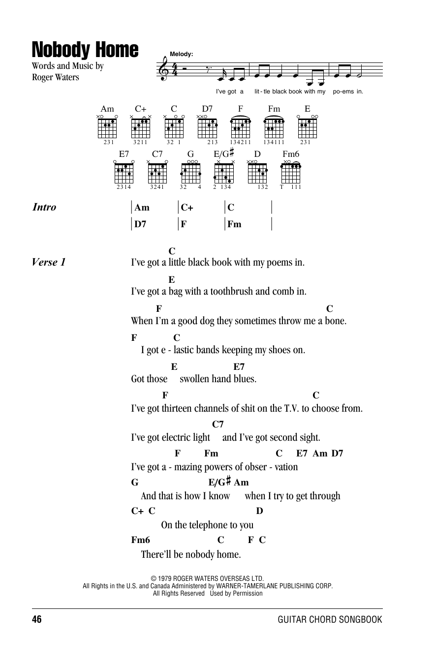 Pink Floyd Nobody Home Sheet Music Notes & Chords for Lyrics & Chords - Download or Print PDF