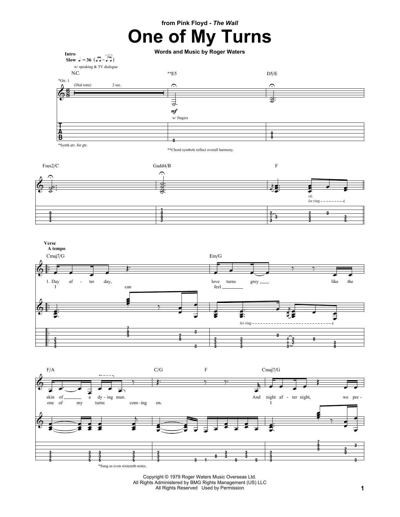 Pink Floyd One Of My Turns Sheet Music Notes & Chords for Guitar Tab - Download or Print PDF