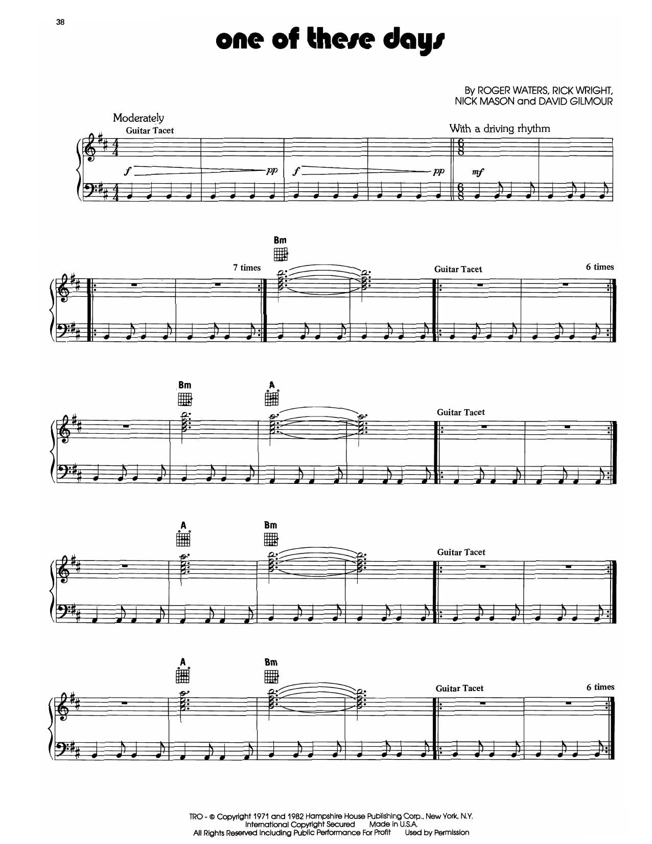 Pink Floyd One Of These Days Sheet Music Notes & Chords for Piano Solo - Download or Print PDF Pink Floyd One Of These Days Sheet Music Notes & Chords for Piano Solo - Download or Print PDF
