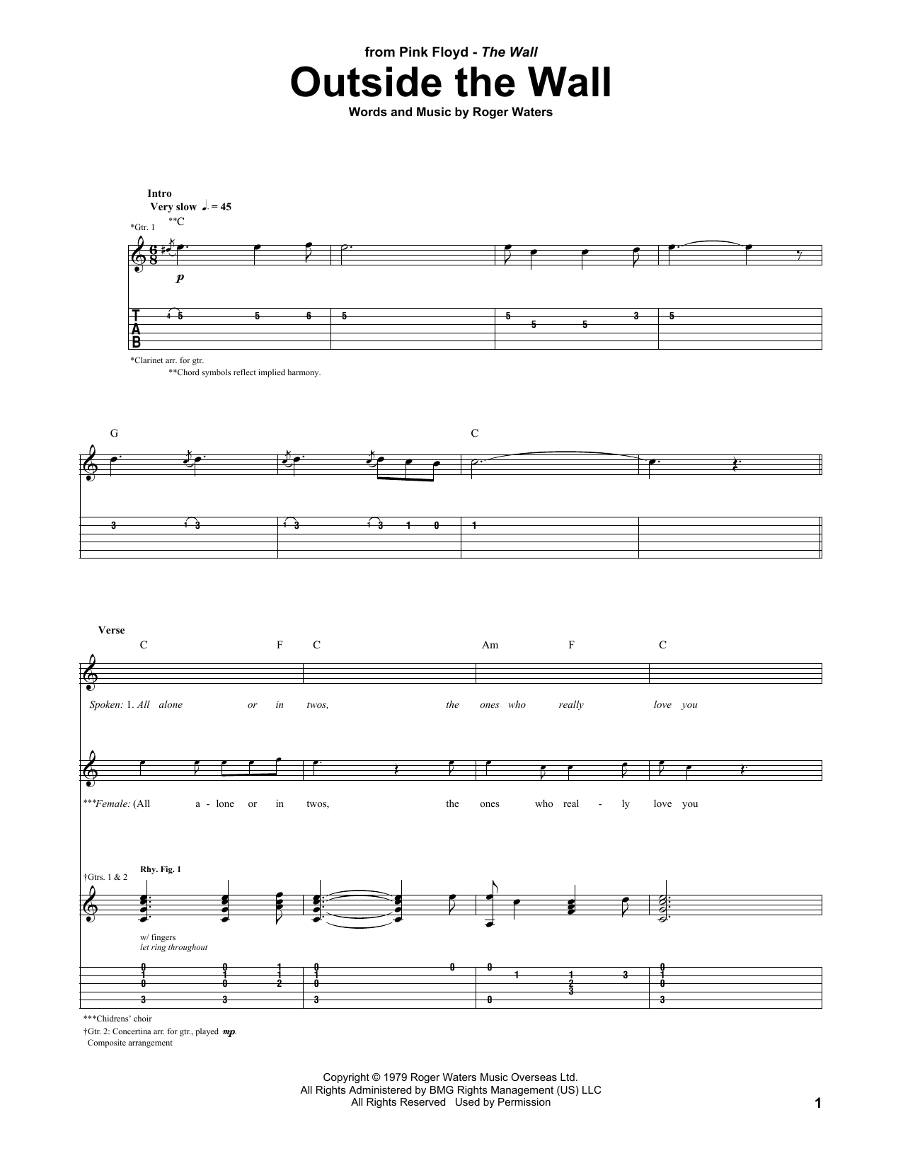 Pink Floyd Outside The Wall Sheet Music Notes & Chords for Guitar Tab - Download or Print PDF