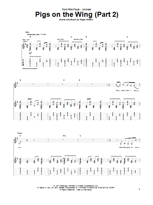 Pink Floyd Pigs On The Wing (Part 2) Sheet Music Notes & Chords for Lyrics & Chords - Download or Print PDF