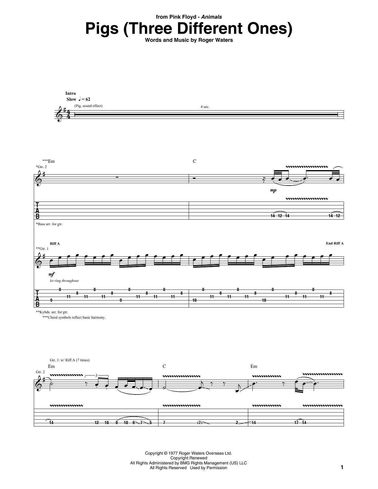 Pink Floyd Pigs (Three Different Ones) Sheet Music Notes & Chords for Guitar Tab - Download or Print PDF