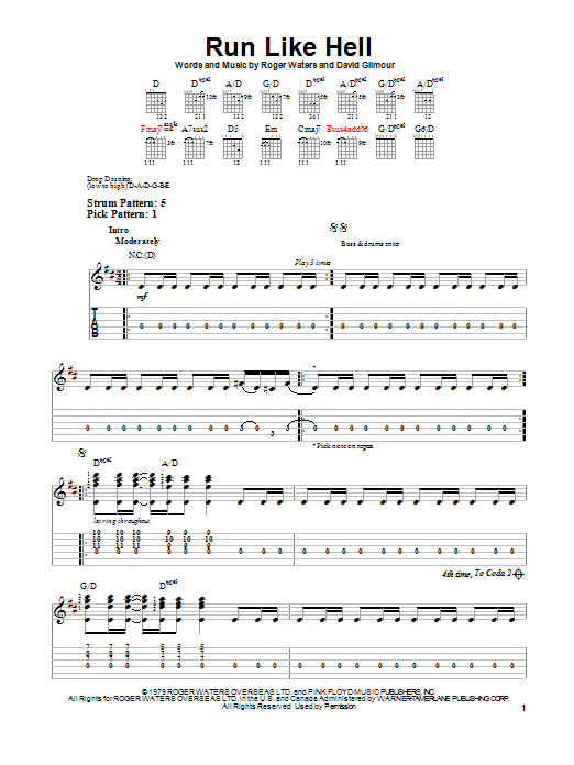 Pink Floyd Run Like Hell Sheet Music Notes & Chords for Easy Guitar Tab - Download or Print PDF