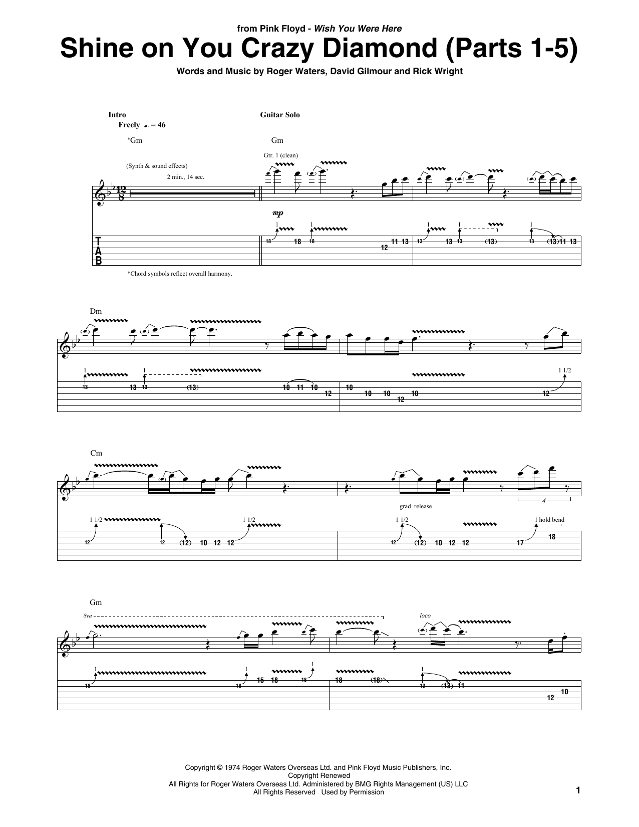 Pink Floyd Shine On You Crazy Diamond (Parts 1-5) Sheet Music Notes & Chords for Guitar Tab - Download or Print PDF