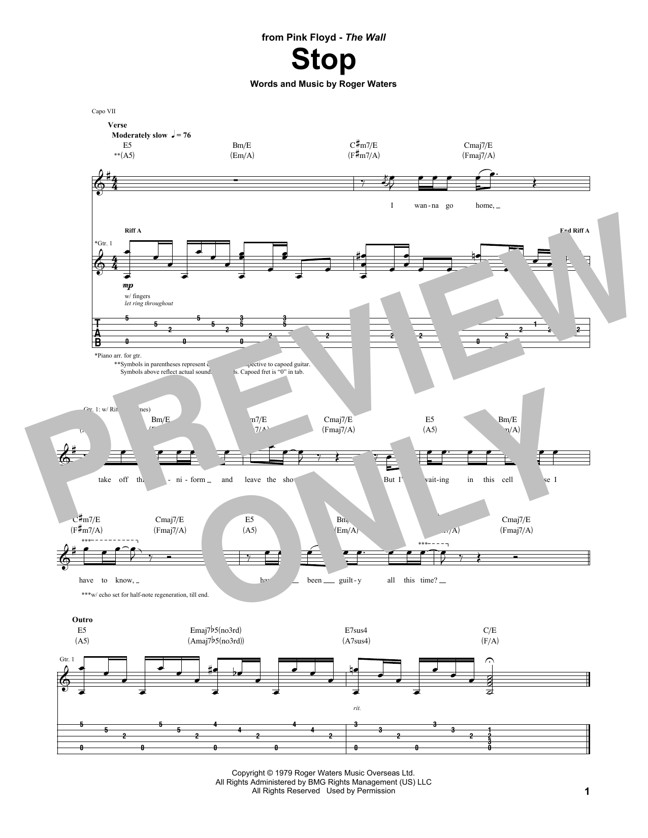 Pink Floyd Stop Sheet Music Notes & Chords for Guitar Tab - Download or Print PDF