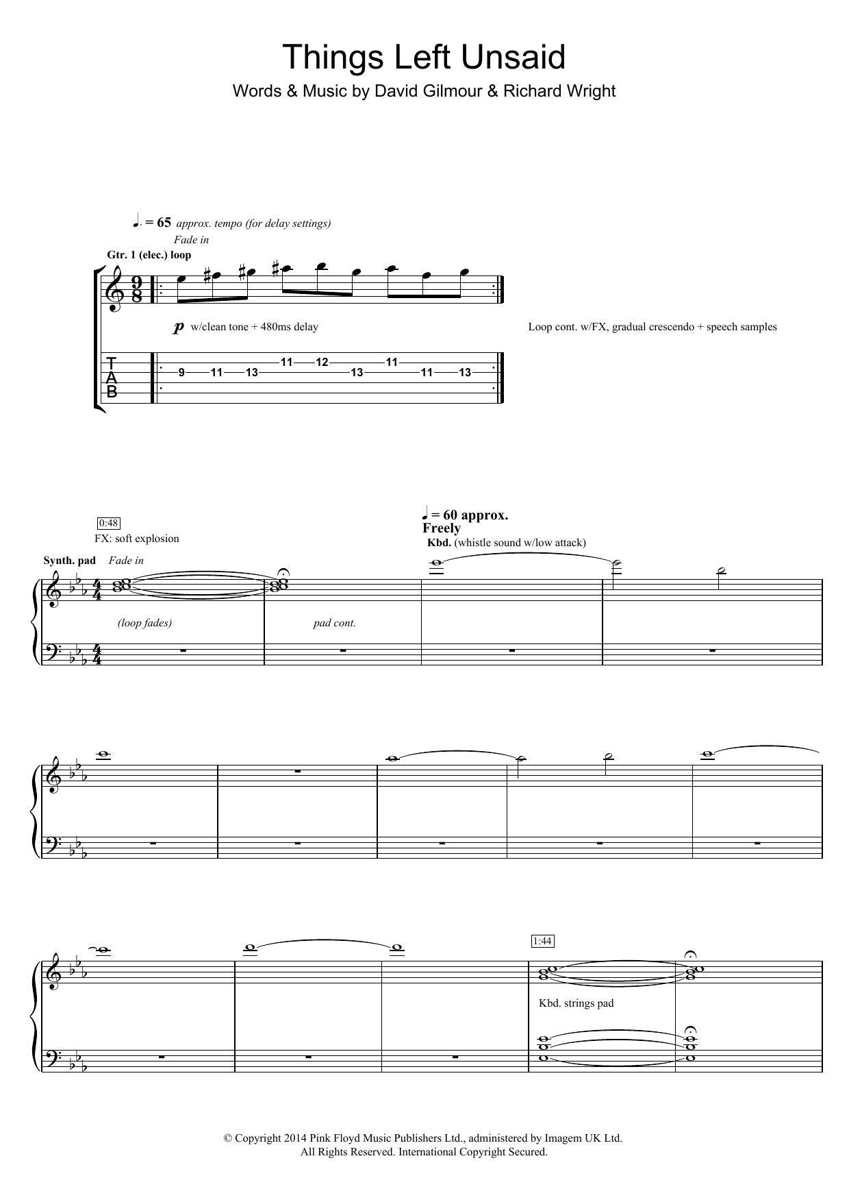 Pink Floyd Things Left Unsaid Sheet Music Notes & Chords for Guitar Tab - Download or Print PDF