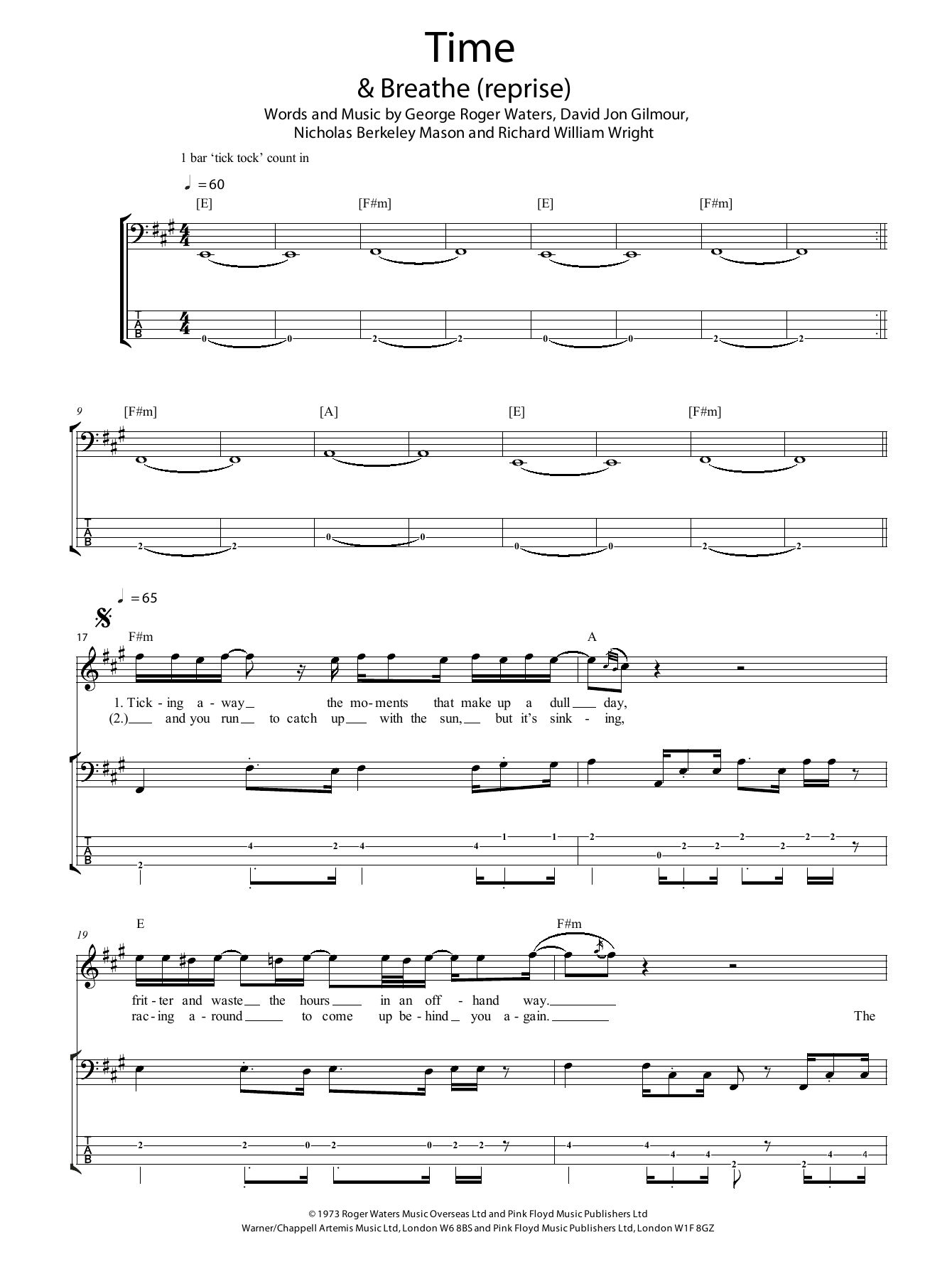 Pink Floyd Time Sheet Music Notes & Chords for Lyrics & Chords - Download or Print PDF