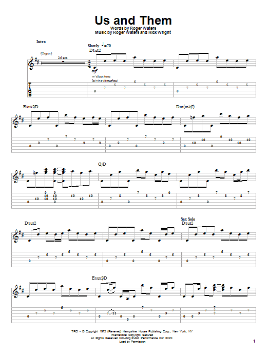 Pink Floyd Us And Them Sheet Music Notes & Chords for Piano, Vocal & Guitar (Right-Hand Melody) - Download or Print PDF