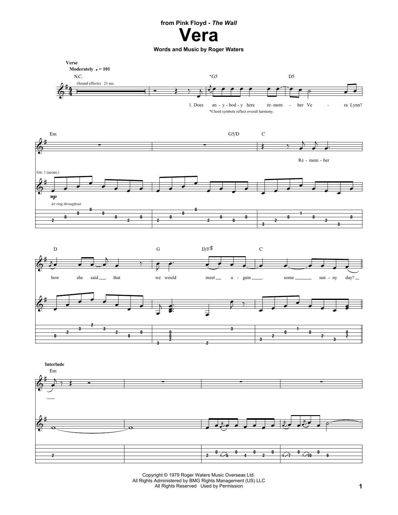 Pink Floyd Vera Sheet Music Notes & Chords for Guitar Tab - Download or Print PDF