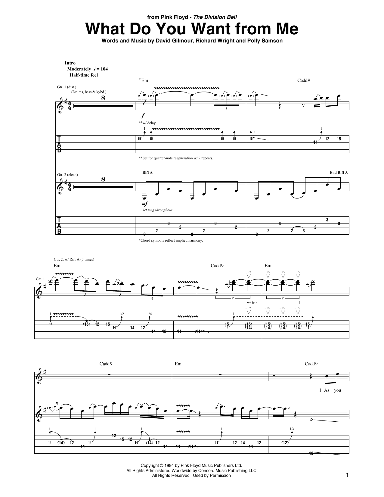 Pink Floyd What Do You Want From Me Sheet Music Notes & Chords for Guitar Tab - Download or Print PDF