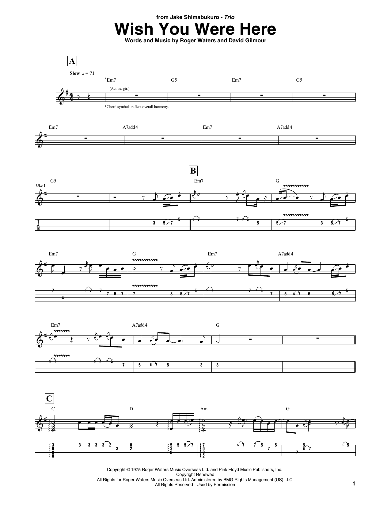Pink Floyd Wish You Were Here (arr. Jake Shimabukuro Trio) Sheet Music Notes & Chords for Ukulele Tab - Download or Print PDF Pink Floyd Wish You Were Here (arr. Jake Shimabukuro Trio) Sheet Music Notes & Chords for Ukulele Tab - Download or Print PDF
