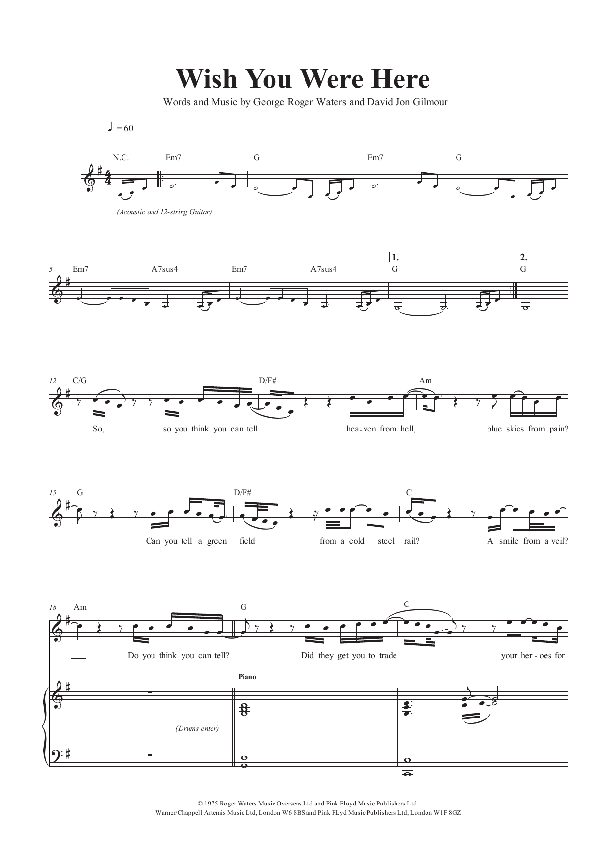 Pink Floyd Wish You Were Here Sheet Music Notes & Chords for Easy Guitar Tab - Download or Print PDF