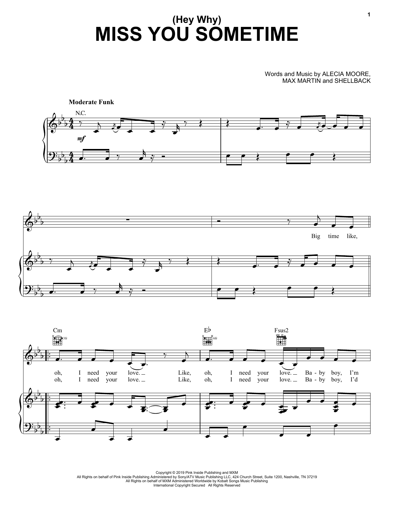 Pink (Hey Why) Miss You Sometime Sheet Music Notes & Chords for Piano, Vocal & Guitar (Right-Hand Melody) - Download or Print PDF