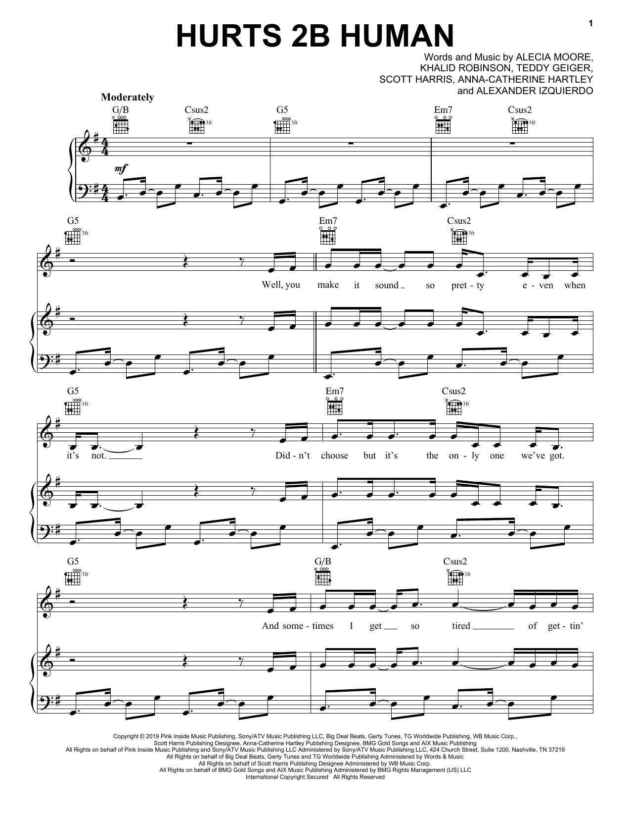 Pink Hurts 2B Human (feat. Khalid) Sheet Music Notes & Chords for Piano, Vocal & Guitar (Right-Hand Melody) - Download or Print PDF
