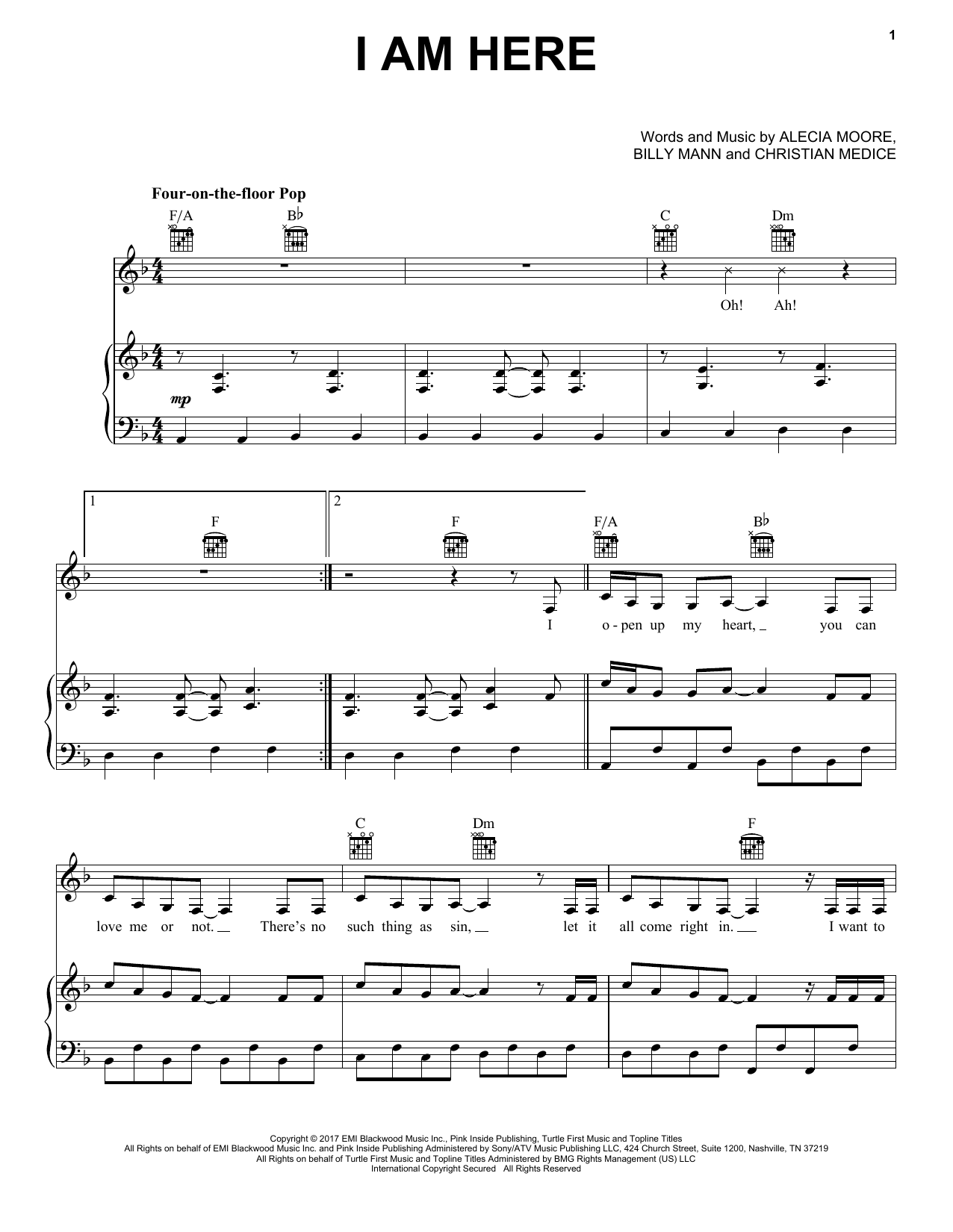 Pink I Am Here Sheet Music Notes & Chords for Piano, Vocal & Guitar (Right-Hand Melody) - Download or Print PDF