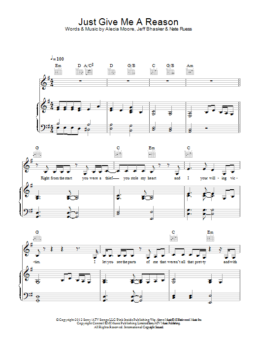 Pink Just Give Me A Reason (feat. Nate Ruess) Sheet Music Notes & Chords for Beginner Piano - Download or Print PDF