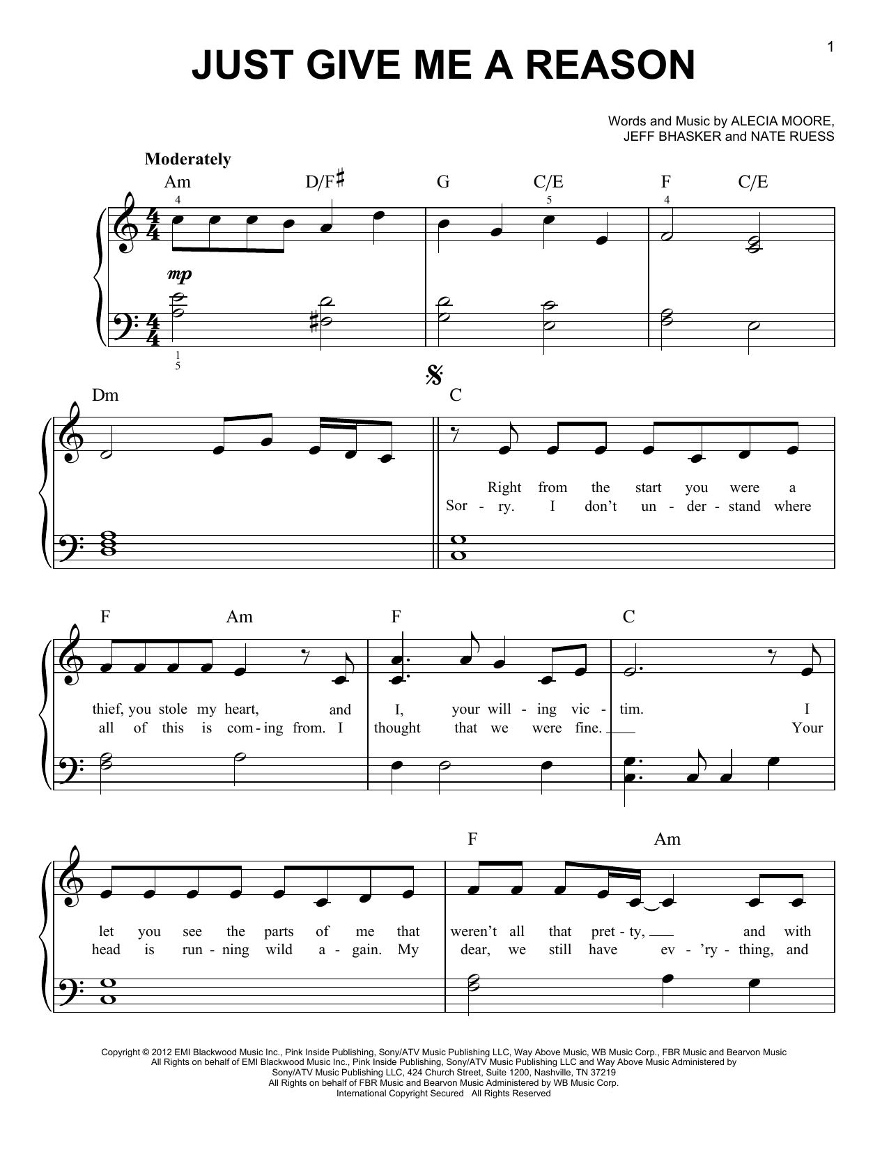 Pink Just Give Me A Reason Sheet Music Notes & Chords for Easy Piano - Download or Print PDF