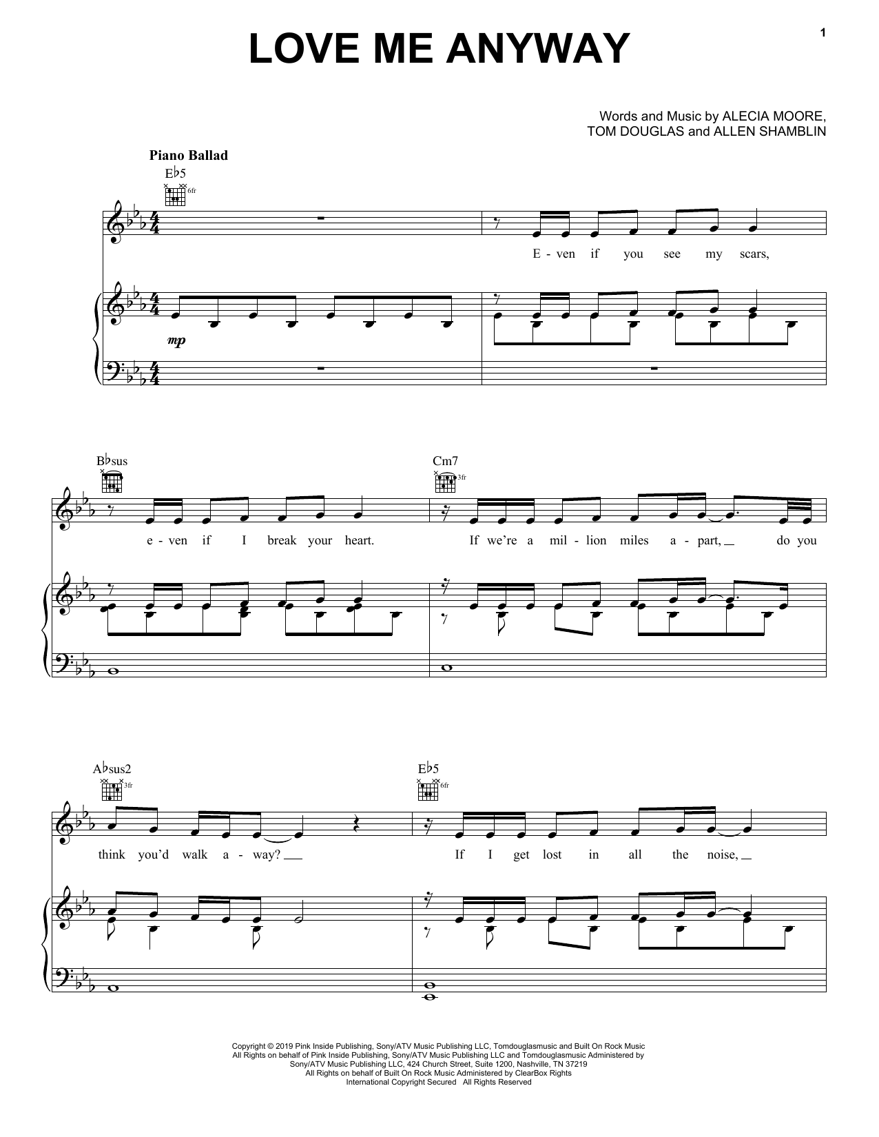 Pink Love Me Anyway (feat. Chris Stapleton) Sheet Music Notes & Chords for Piano, Vocal & Guitar (Right-Hand Melody) - Download or Print PDF