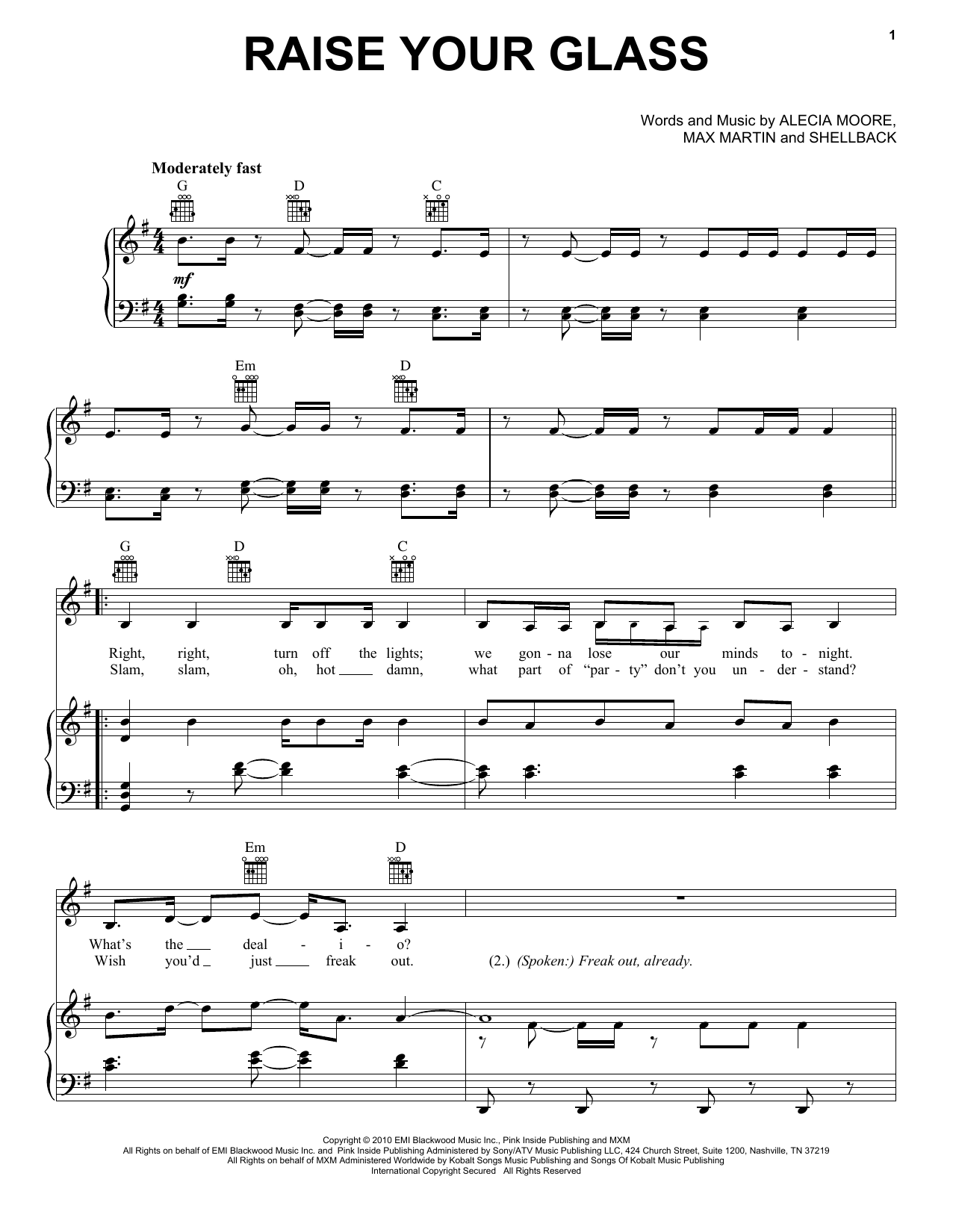 Pink Raise Your Glass Sheet Music Notes & Chords for Piano, Vocal & Guitar (Right-Hand Melody) - Download or Print PDF