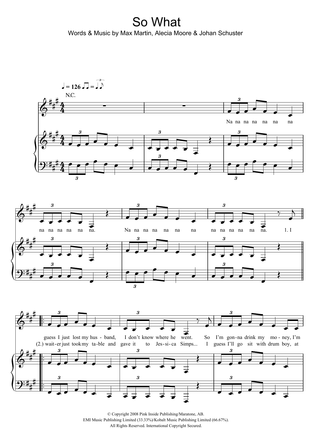 Pink So What Sheet Music Notes & Chords for Piano, Vocal & Guitar (Right-Hand Melody) - Download or Print PDF