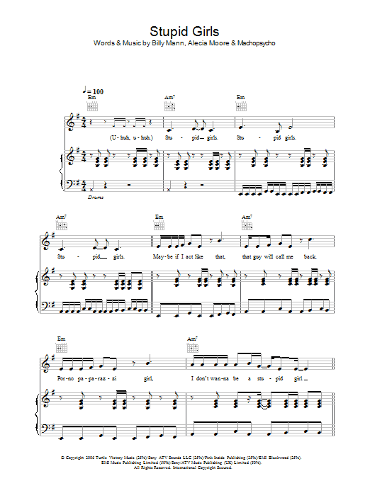 Pink Stupid Girls Sheet Music Notes & Chords for Piano, Vocal & Guitar - Download or Print PDF