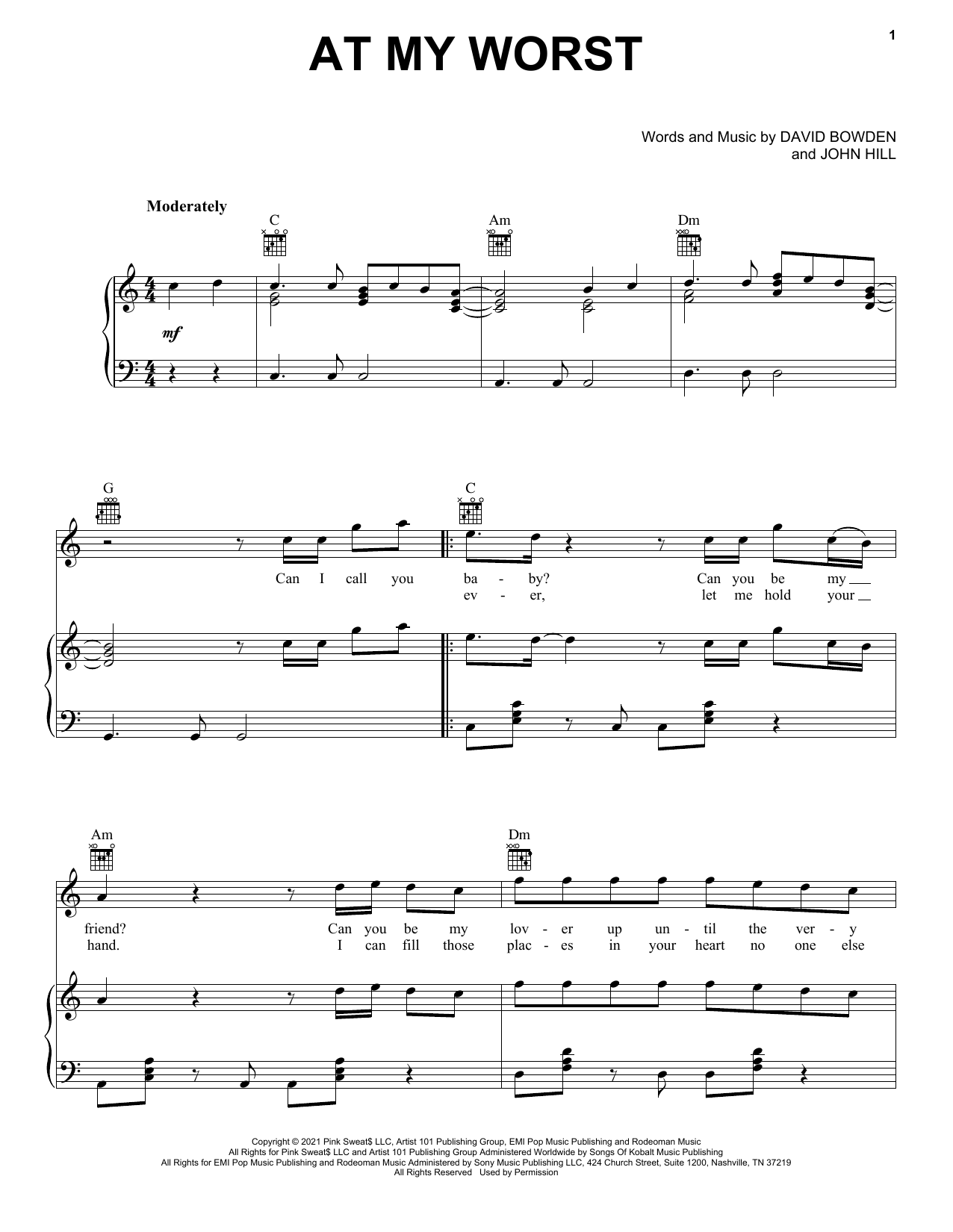 Pink Sweat$ At My Worst Sheet Music Notes & Chords for Piano, Vocal & Guitar (Right-Hand Melody) - Download or Print PDF