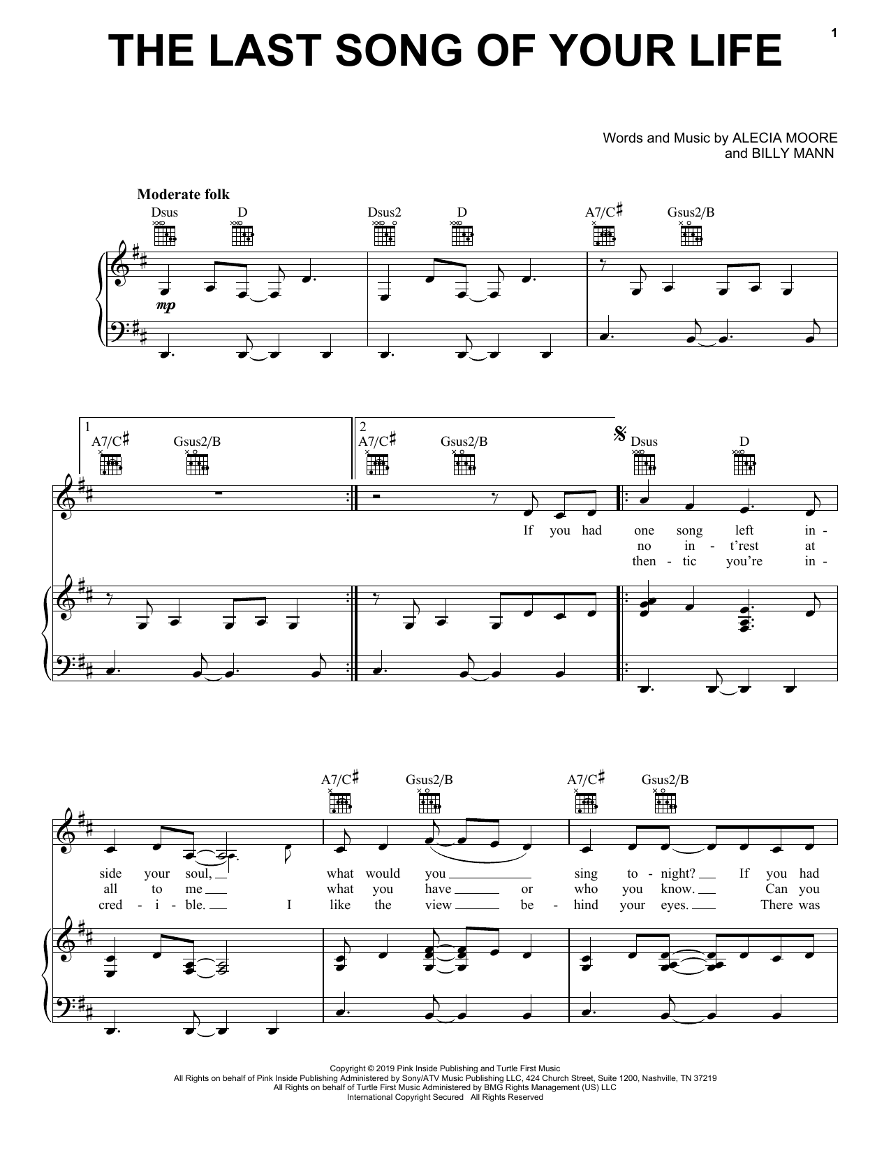 Pink The Last Song Of Your Life Sheet Music Notes & Chords for Piano, Vocal & Guitar (Right-Hand Melody) - Download or Print PDF