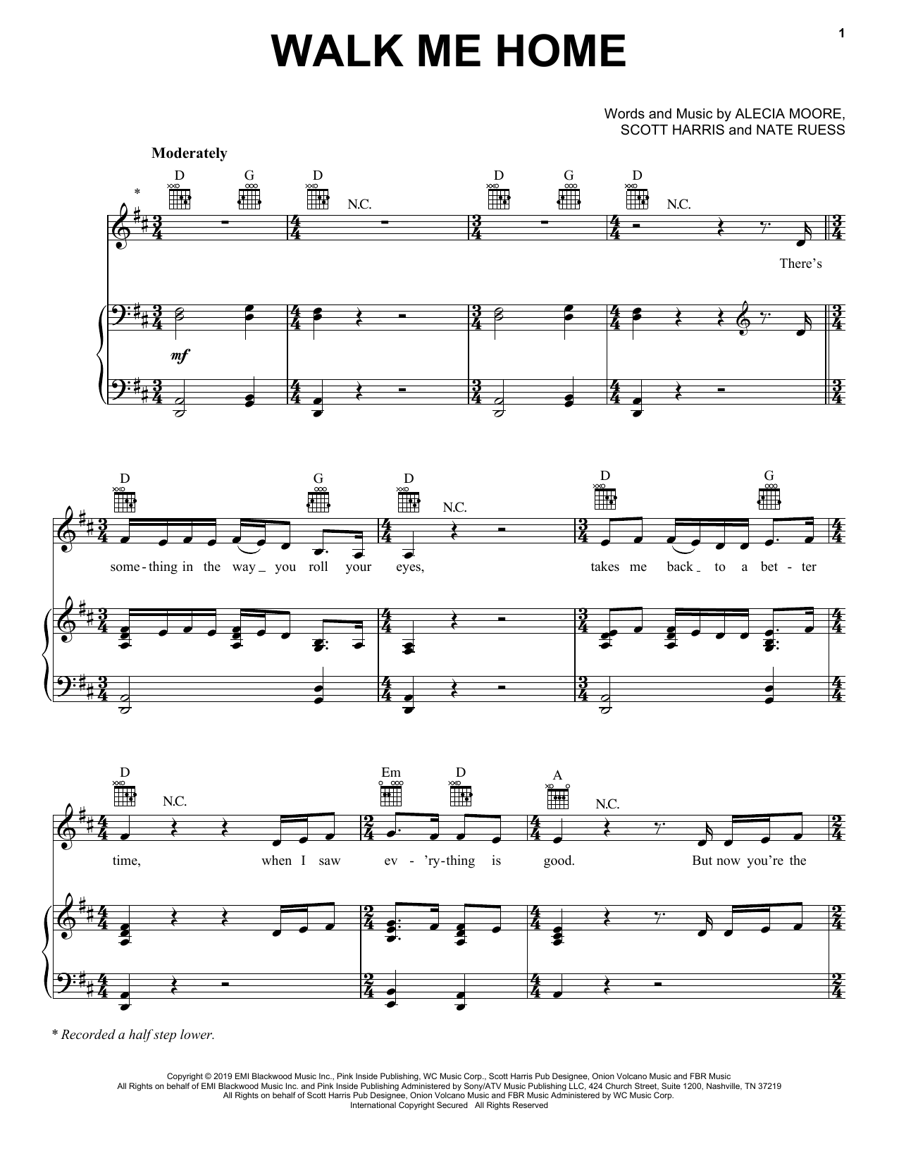 Pink Walk Me Home Sheet Music Notes & Chords for Big Note Piano - Download or Print PDF
